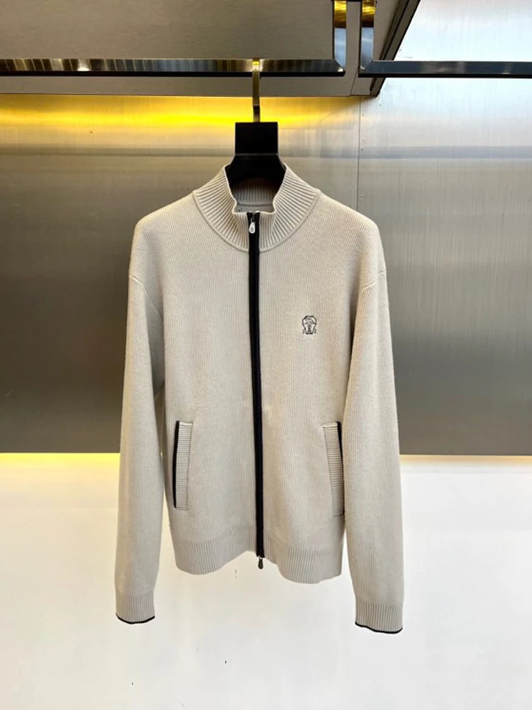 Italy BC new cashmere fabric contrasting zipper stand up collar fashionable casual men's knitted jacket