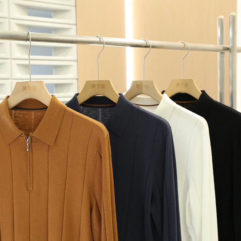 High quality, mulberry silk + cashmere autumn and winter fashion high-end knitted POLO shirt men's lapel sweater