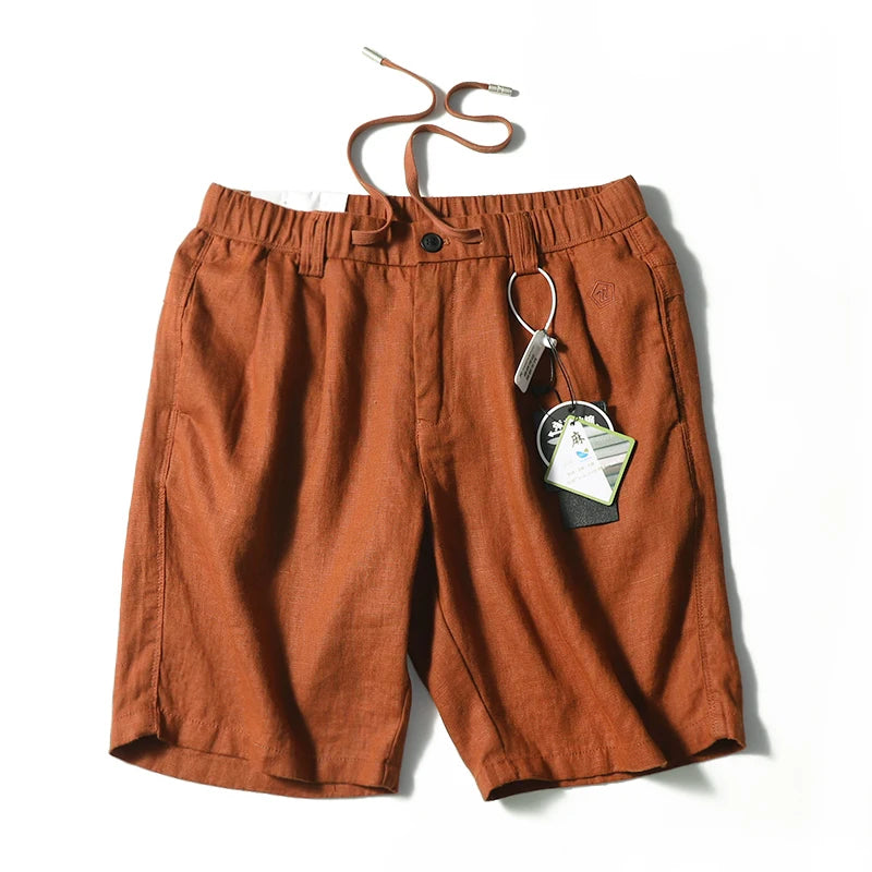Linen shorts men's summer thin cool middle pants straight loose solid color Japanese retro casual five-point pants