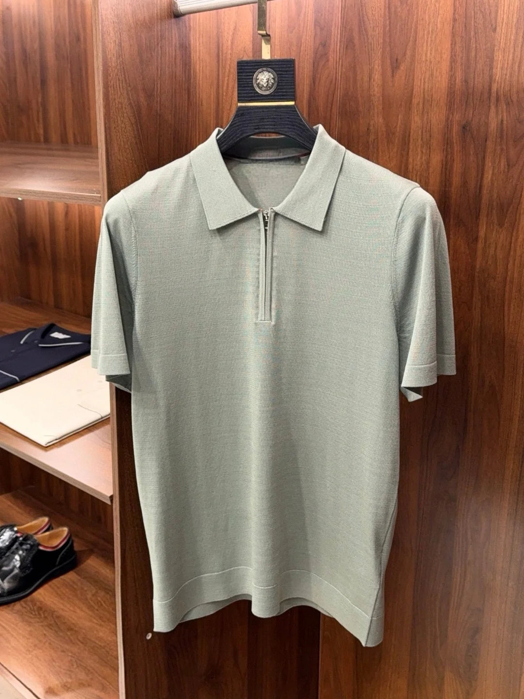 Italian old money style men's summer mulberry silk mixed lyocell lapel half zipper business casual short-sleeved polo shirt