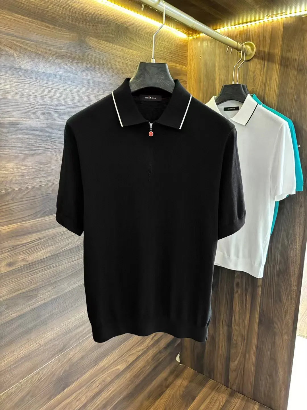 Italian kiton European and American light luxury men's spring and summer wool blended half-zipper lapel short-sleeved polo shirt