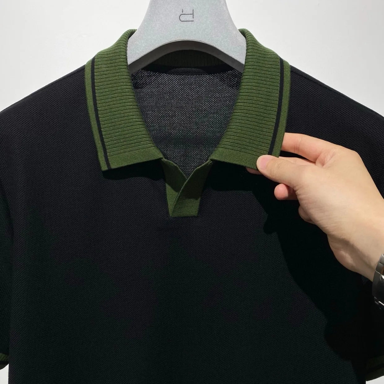 Contrast Color Design Business Casual 100% Cotton High Texture Lapel Short Sleeve T-Shirt Polo Shirt