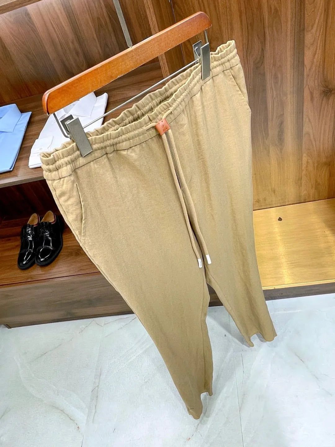 Italian style vintage style summer high version pure linen elastic waist tied rope small straight leg casual pants
