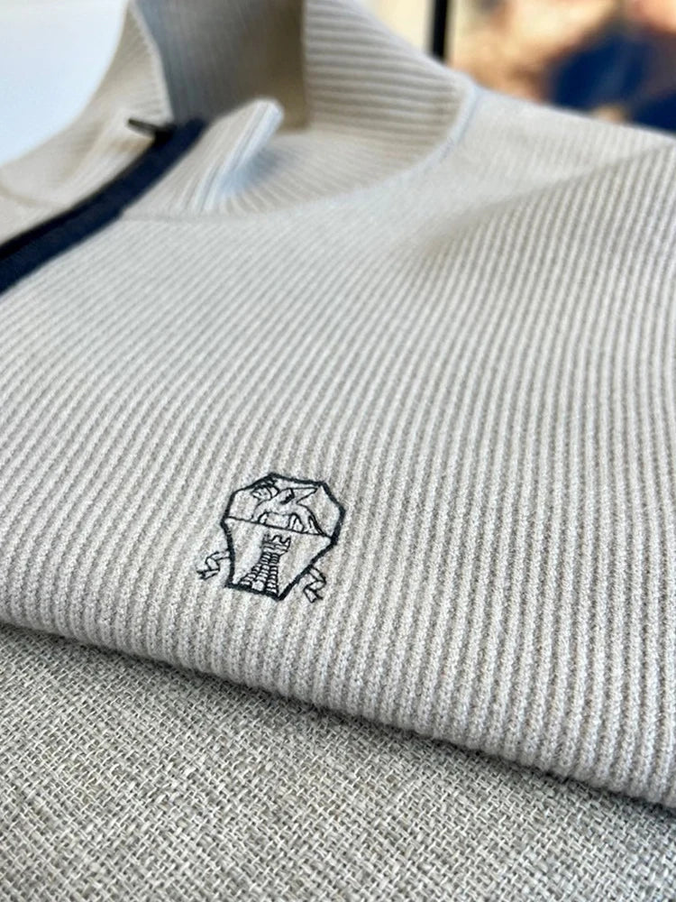 Italy BC new cashmere fabric contrasting zipper stand up collar fashionable casual men's knitted jacket