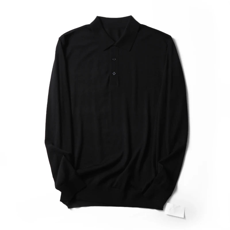 Spring Fashion Business Casual Wool Knitted Sweater Solid Color Long Sleeve POLO Shirt