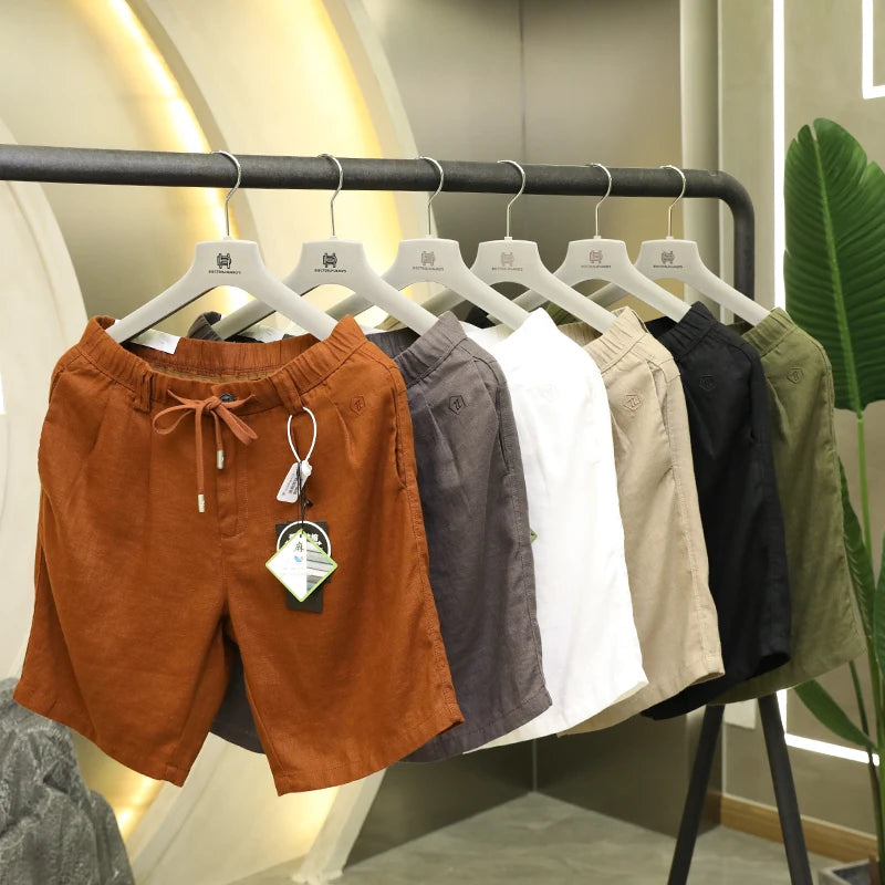 Linen shorts men's summer thin cool middle pants straight loose solid color Japanese retro casual five-point pants