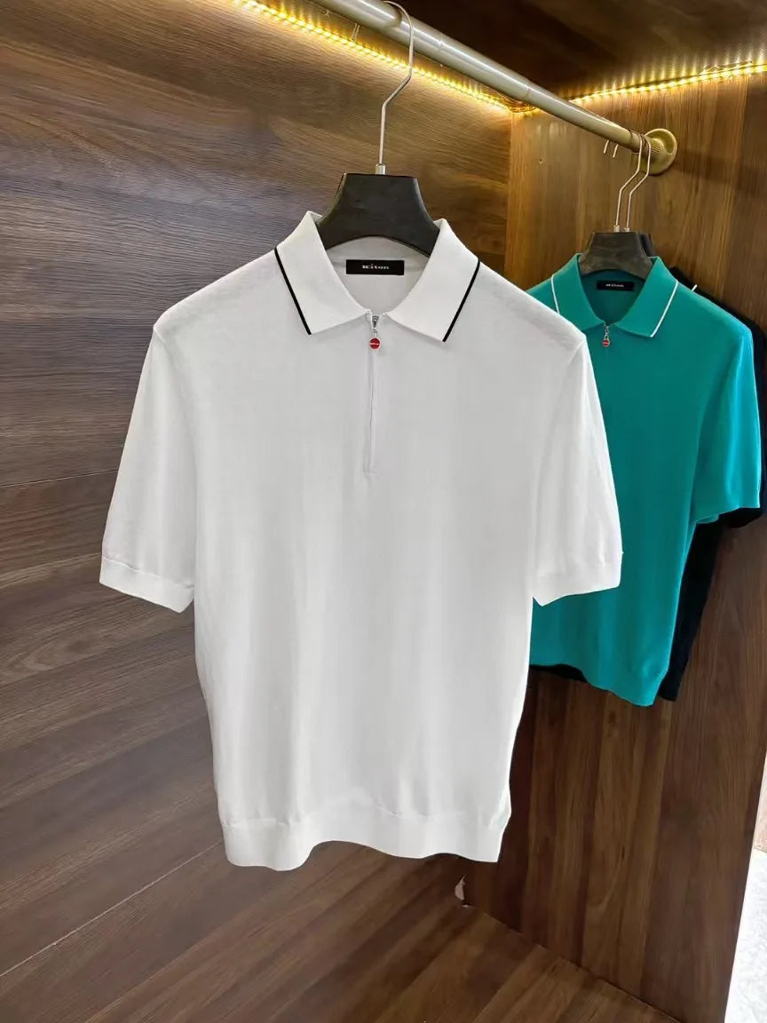Italian kiton European and American light luxury men's spring and summer wool blended half-zipper lapel short-sleeved polo shirt