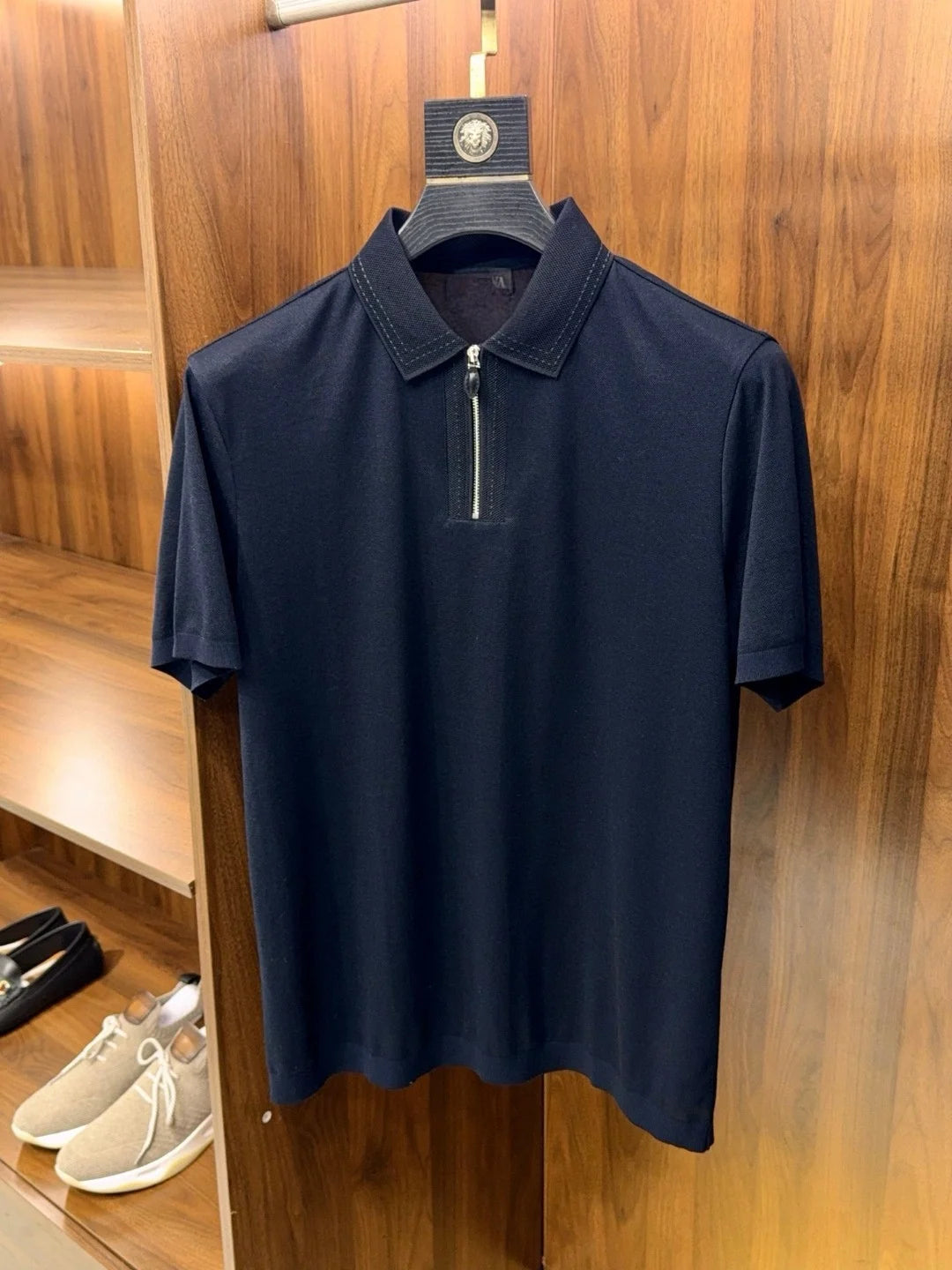 LP old money style light luxury summer cotton mixed linen lapel half zipper short sleeved minimalist business casual polo shirt