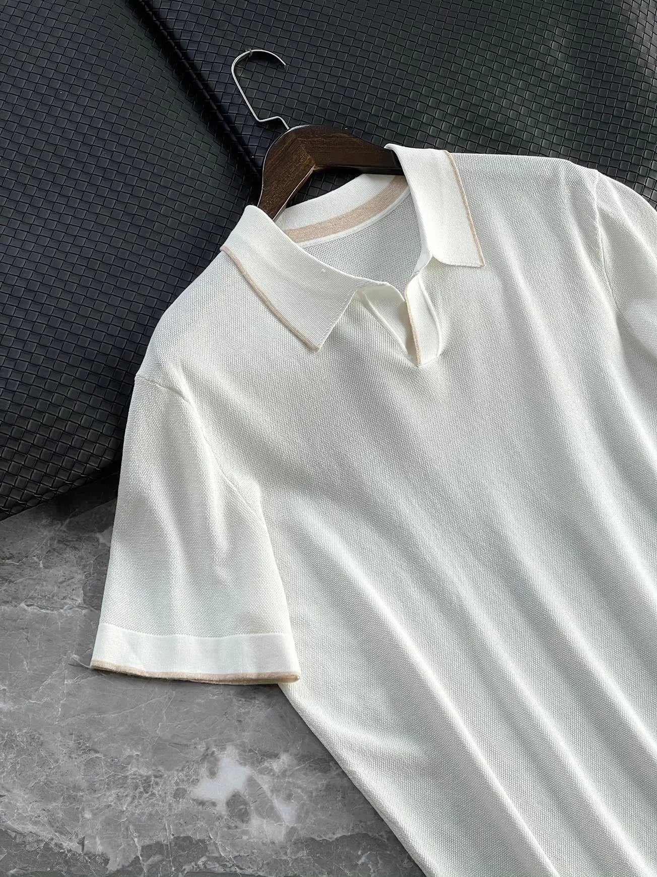 High-luxury business commuting, Lyocell + mulberry silk, simple elastic knitted casual lapel short-sleeved polo shirt