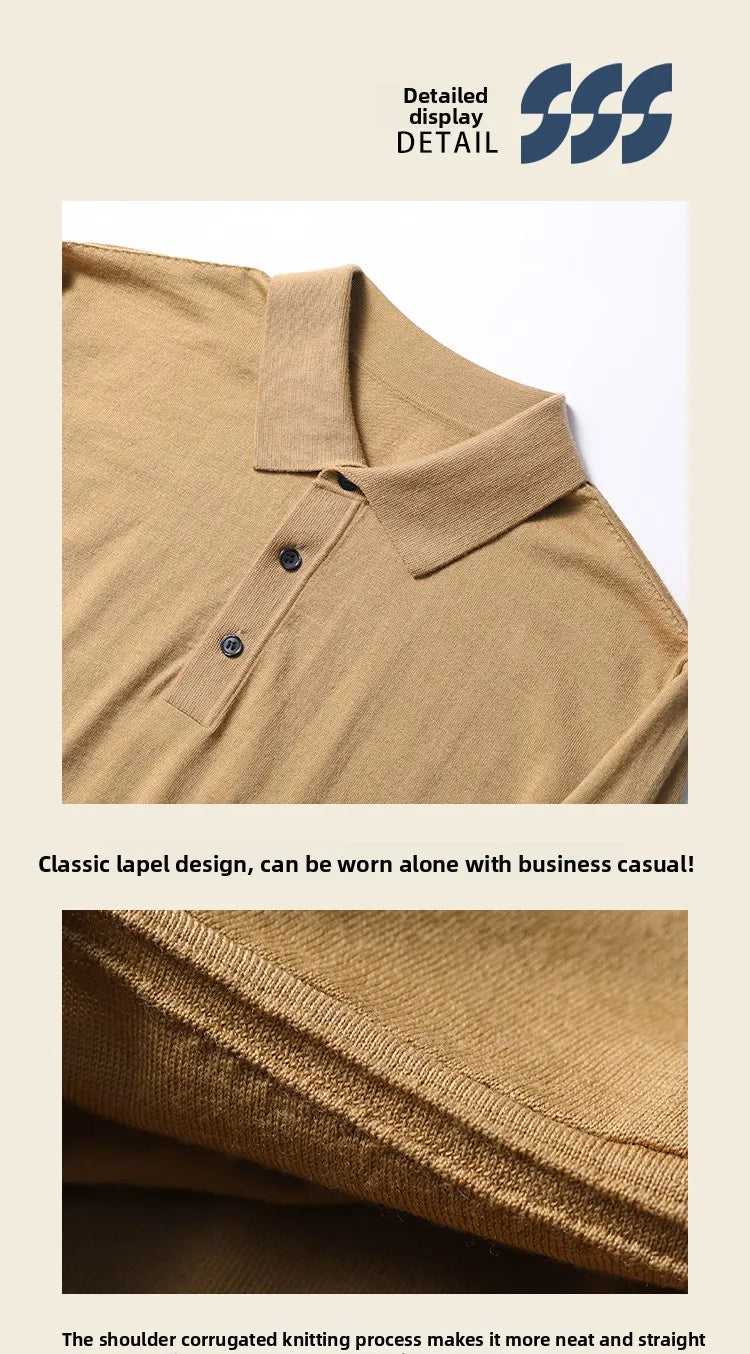 Spring Fashion Business Casual Wool Knitted Sweater Solid Color Long Sleeve POLO Shirt