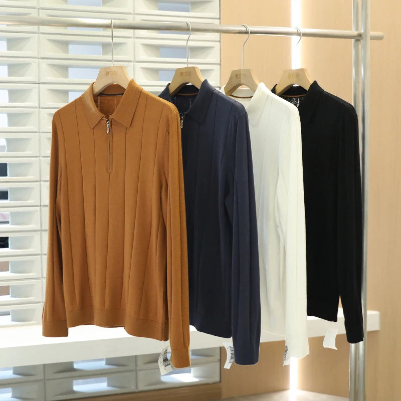 High quality, mulberry silk + cashmere autumn and winter fashion high-end knitted POLO shirt men's lapel sweater