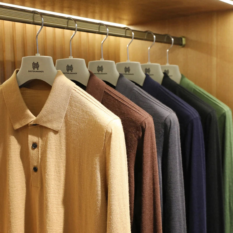 Spring Fashion Business Casual Wool Knitted Sweater Solid Color Long Sleeve POLO Shirt