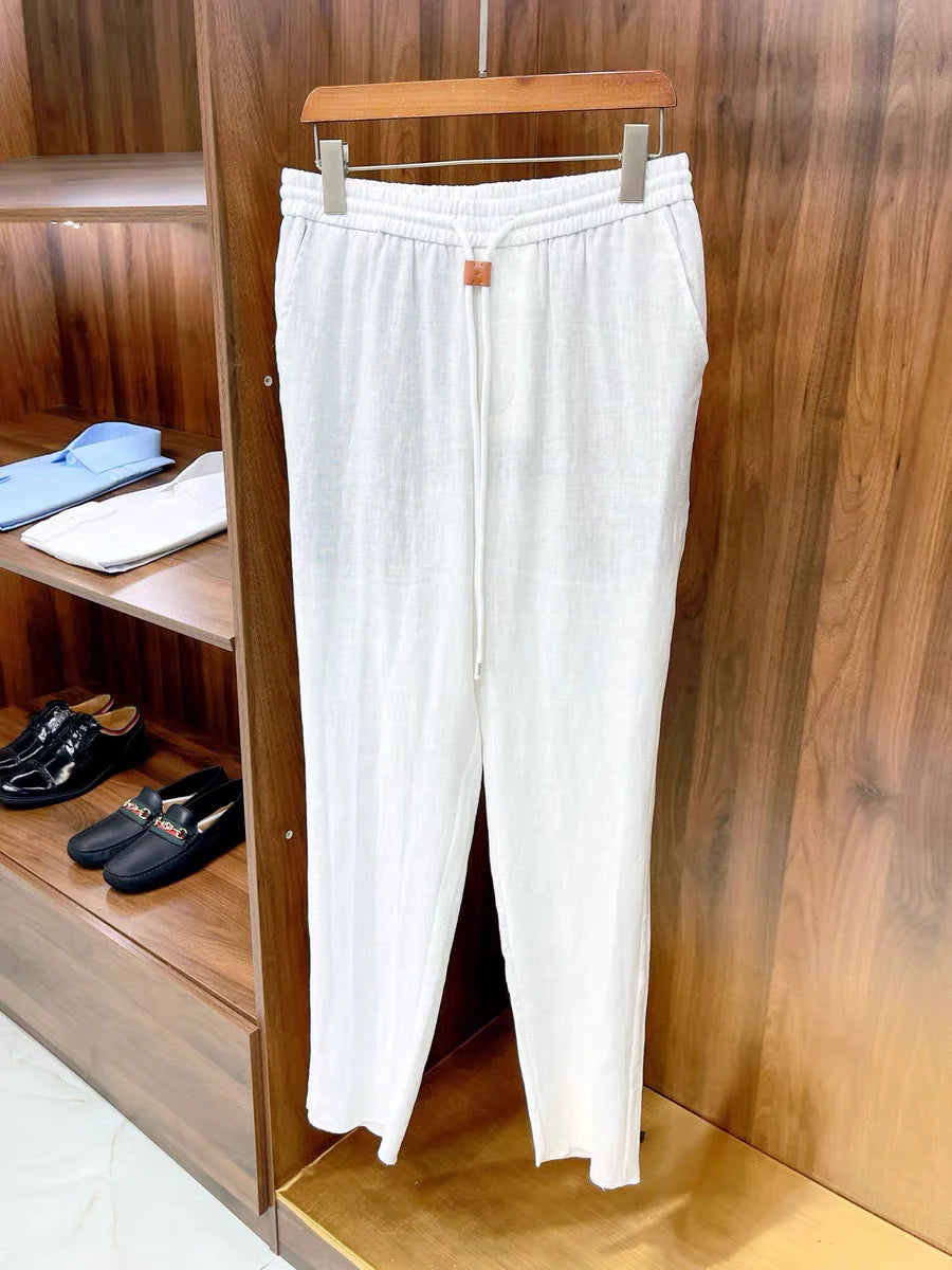 Italian style vintage style summer high version pure linen elastic waist tied rope small straight leg casual pants