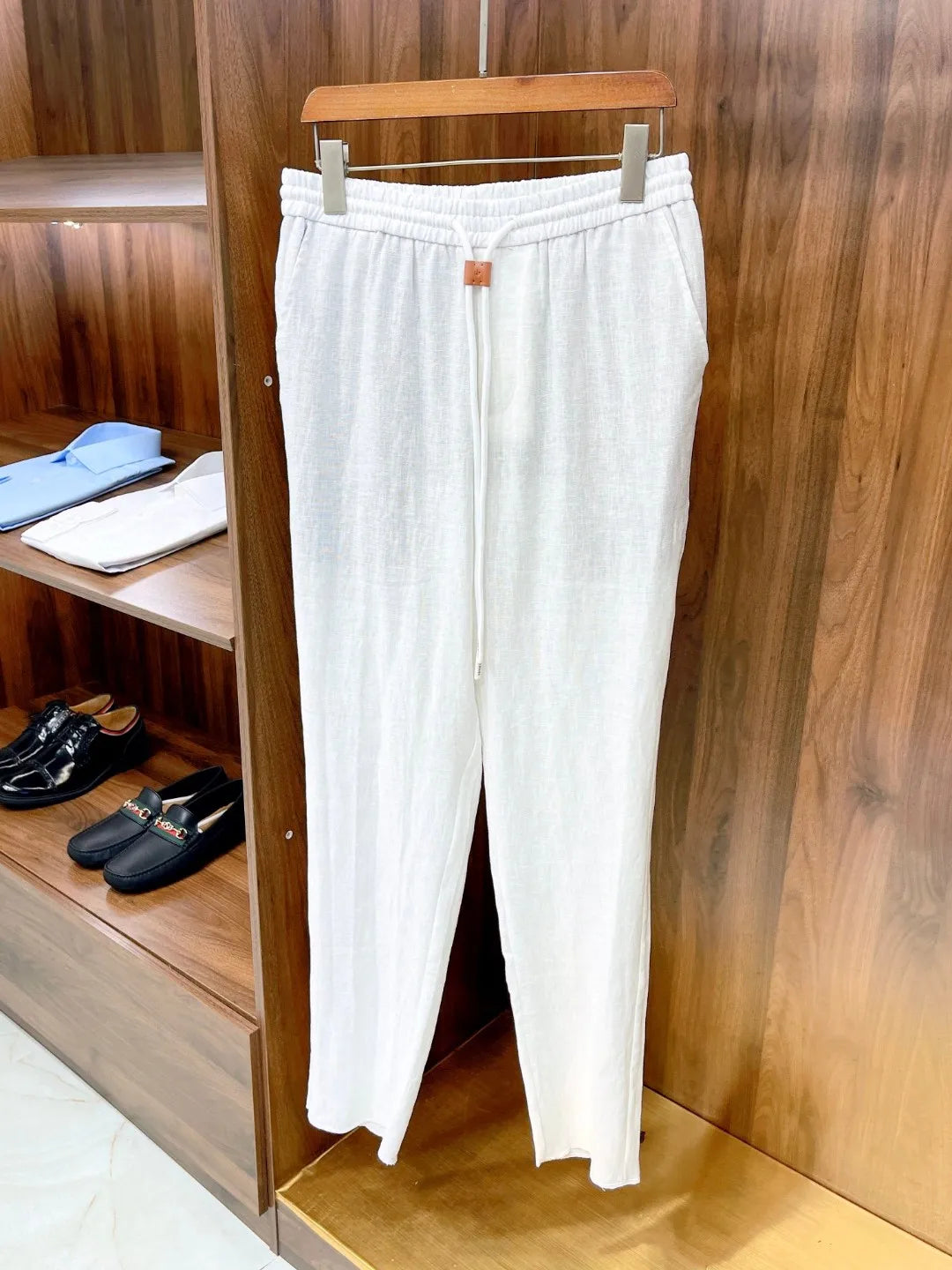 Italian style vintage style summer high version pure linen elastic waist tied rope small straight leg casual pants
