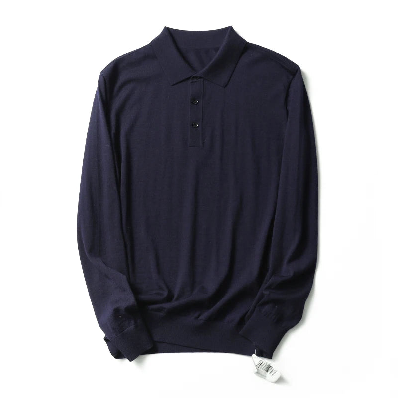 Spring Fashion Business Casual Wool Knitted Sweater Solid Color Long Sleeve POLO Shirt