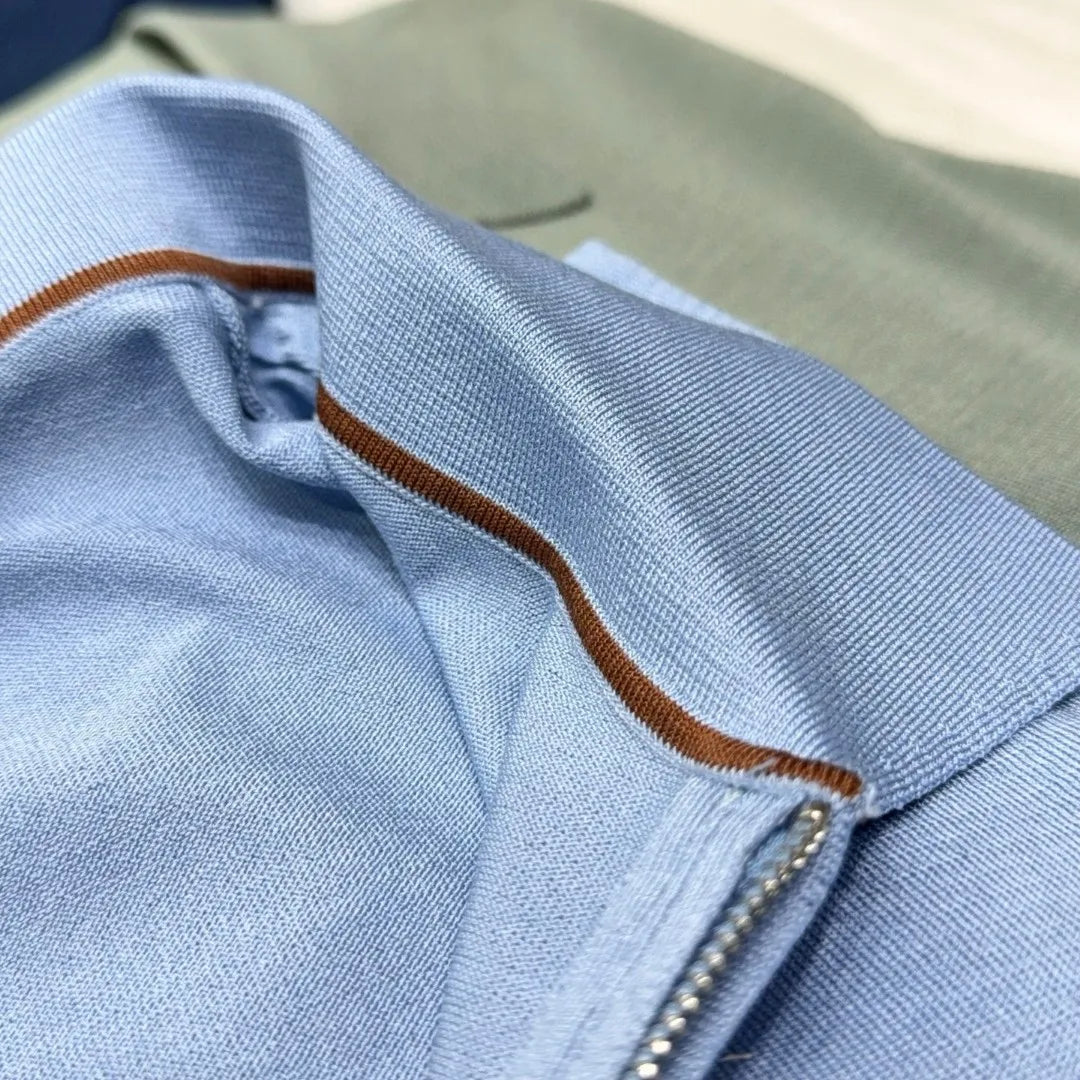 Italian old money style men's summer mulberry silk mixed lyocell lapel half zipper business casual short-sleeved polo shirt