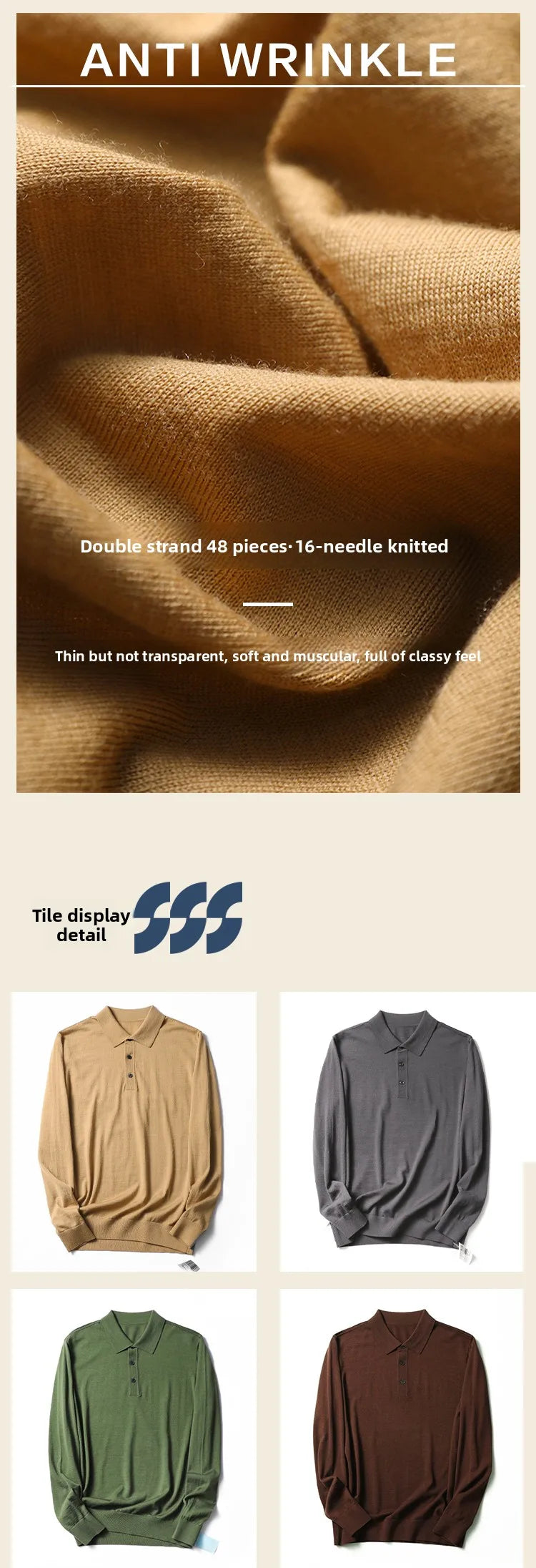 Spring Fashion Business Casual Wool Knitted Sweater Solid Color Long Sleeve POLO Shirt