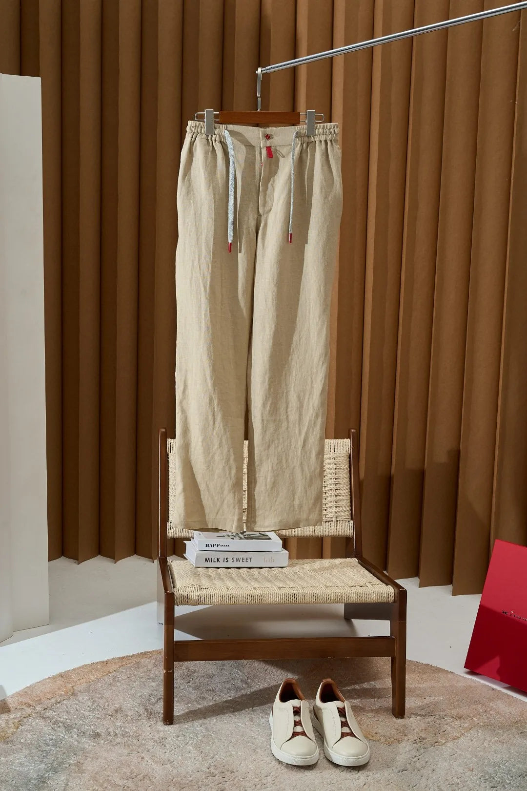 Italian Kiton vintage style summer linen elastic waist straight leg casual pants