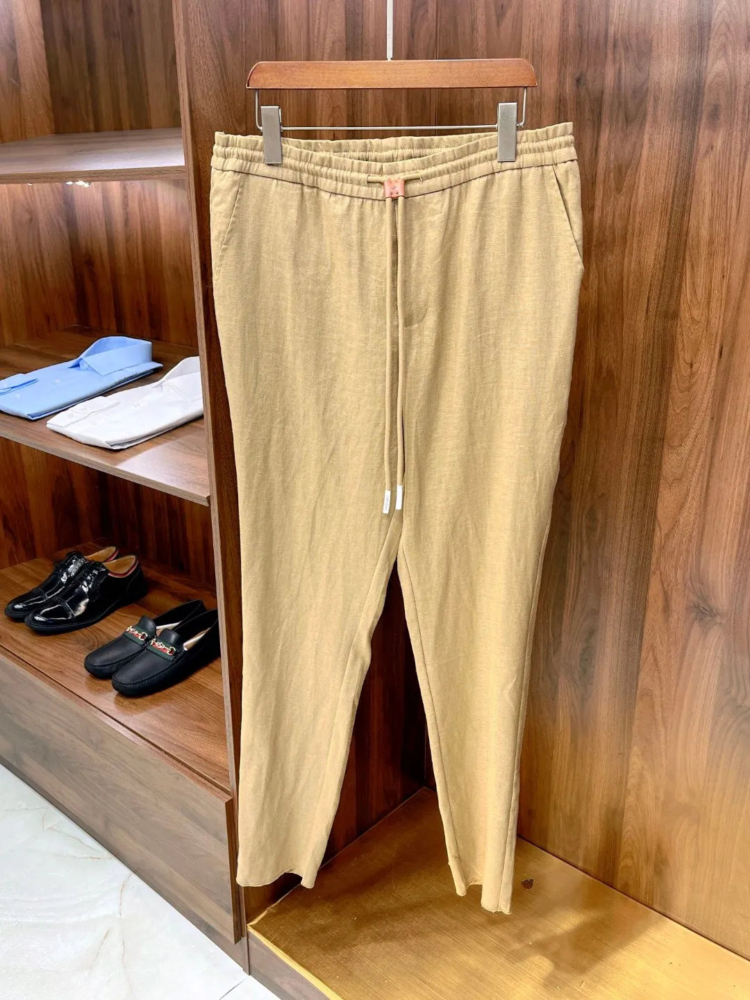 Italian style vintage style summer high version pure linen elastic waist tied rope small straight leg casual pants