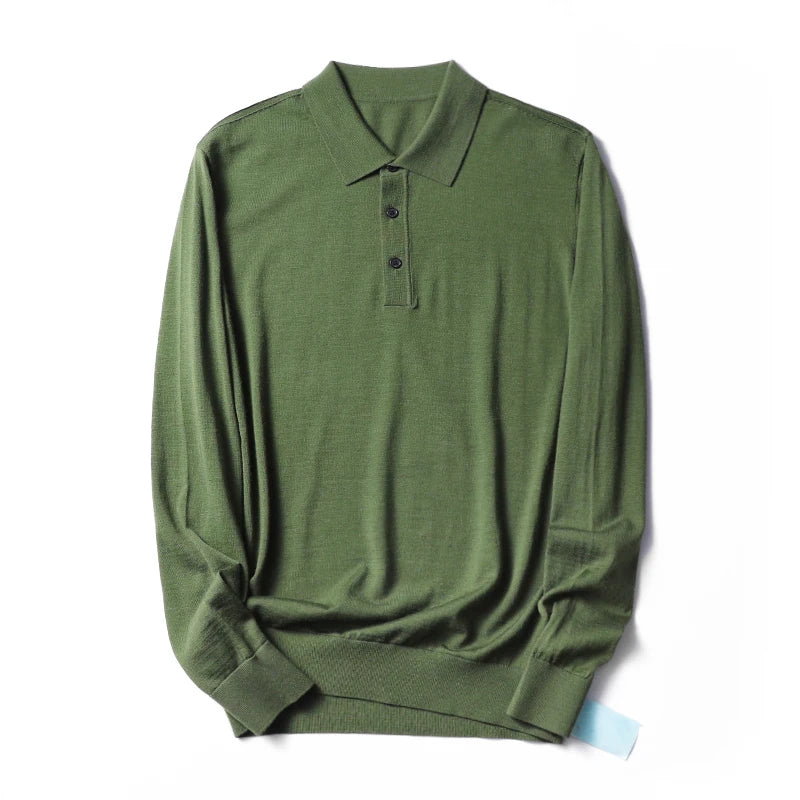 Spring Fashion Business Casual Wool Knitted Sweater Solid Color Long Sleeve POLO Shirt