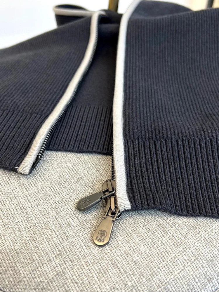 Italy BC new cashmere fabric contrasting zipper stand up collar fashionable casual men's knitted jacket
