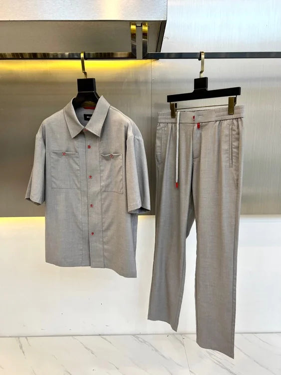 2025 summer new kiton men's lapel short-sleeved shirt simple fashion casual pants shirt set