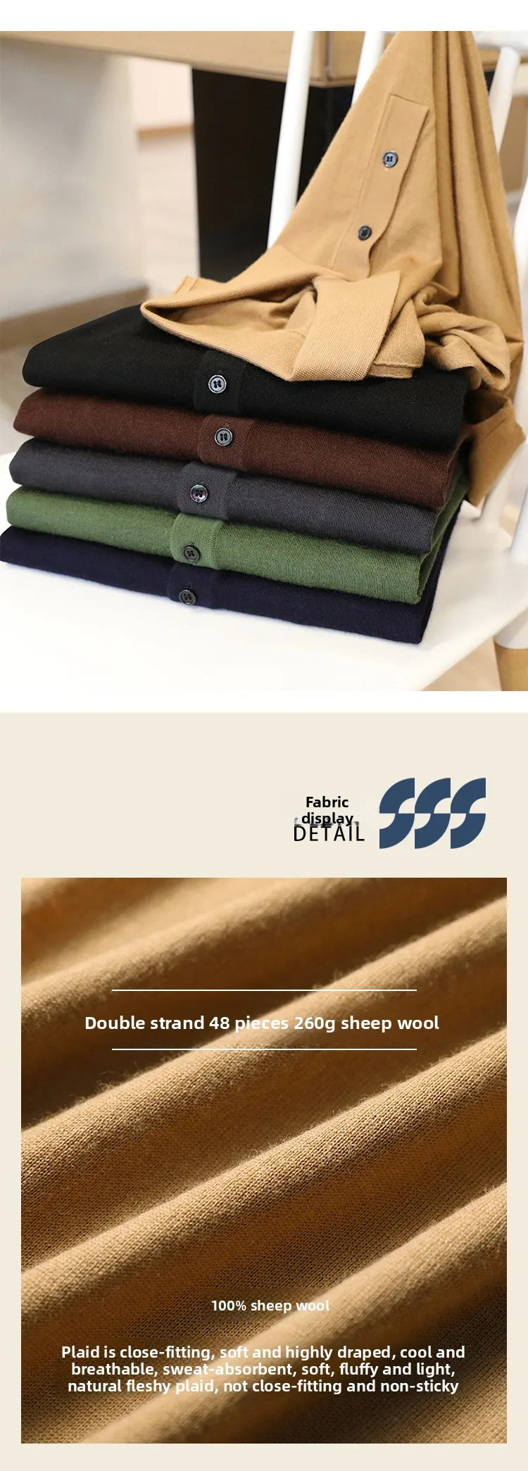 Spring Fashion Business Casual Wool Knitted Sweater Solid Color Long Sleeve POLO Shirt
