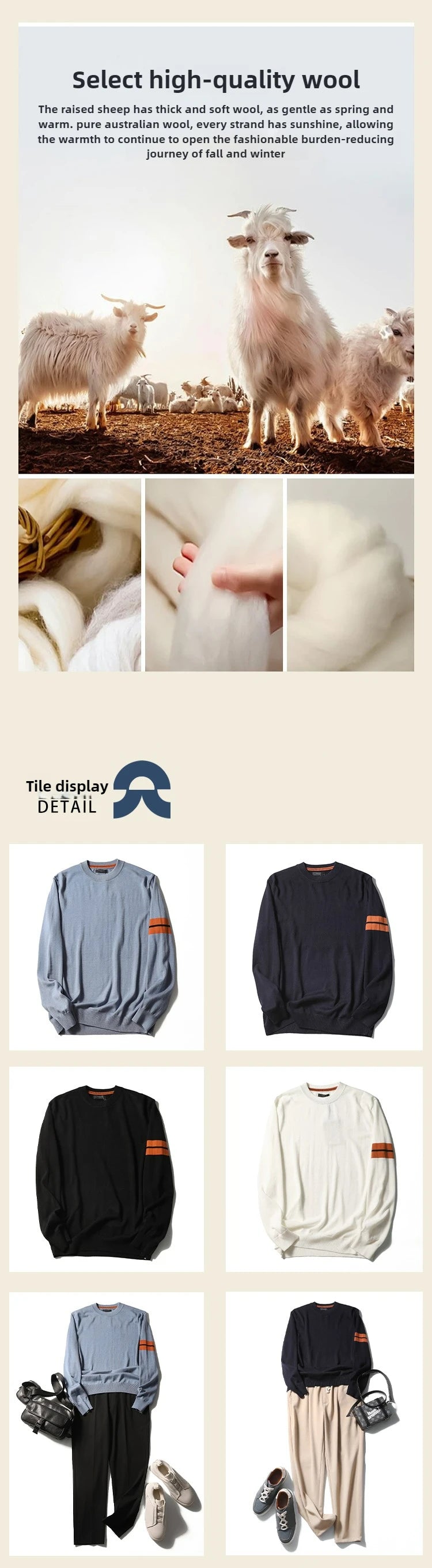 ZZ series classic Italian light luxury, spring and autumn wool blended men's crew neck knitted sweater anti-pilling sweater