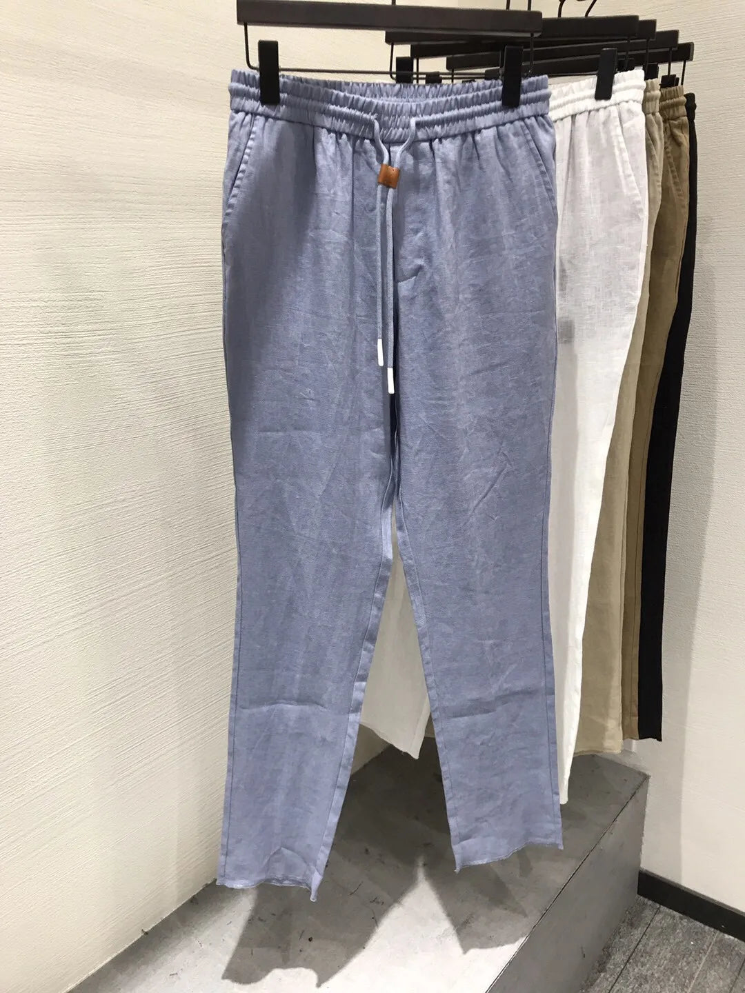 LP old money style light luxury summer pure linen elastic waist tied rope small straight leg casual pants