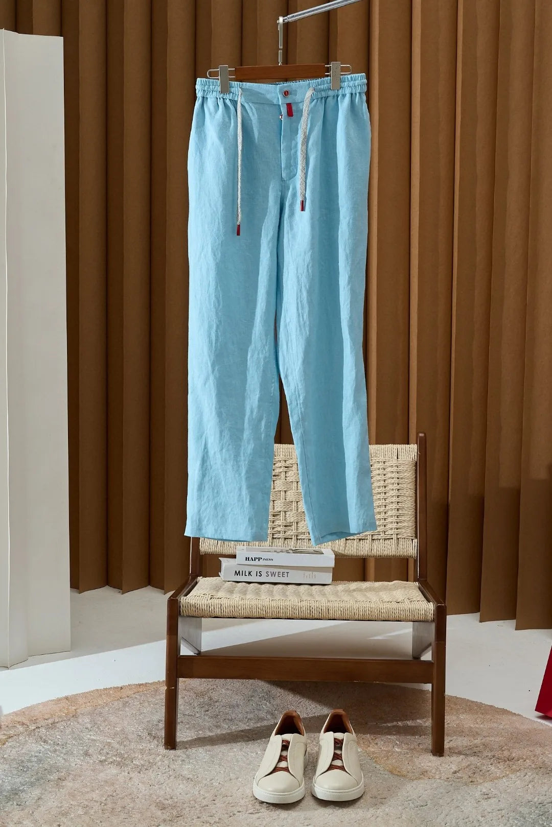 Italian Kiton vintage style summer linen elastic waist straight leg casual pants
