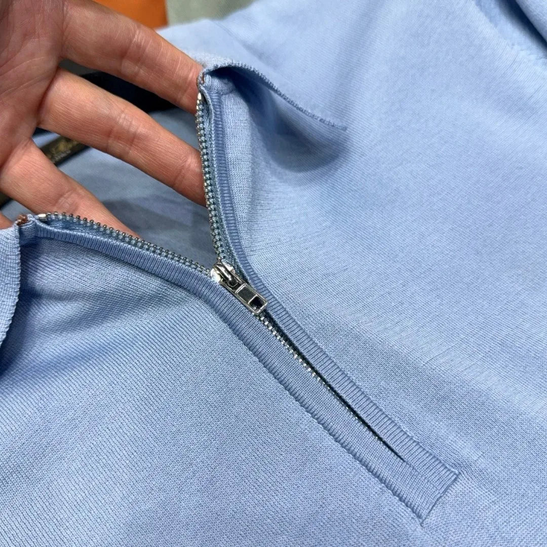 Italian old money style men's summer mulberry silk mixed lyocell lapel half zipper business casual short-sleeved polo shirt