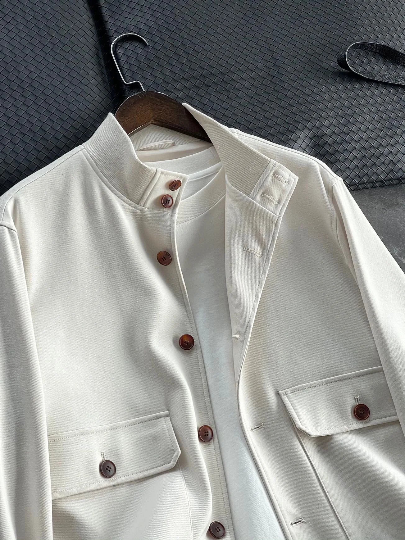 BC old money style, Lyocell wool, classic multi-pocket business casual stand-up collar jacket
