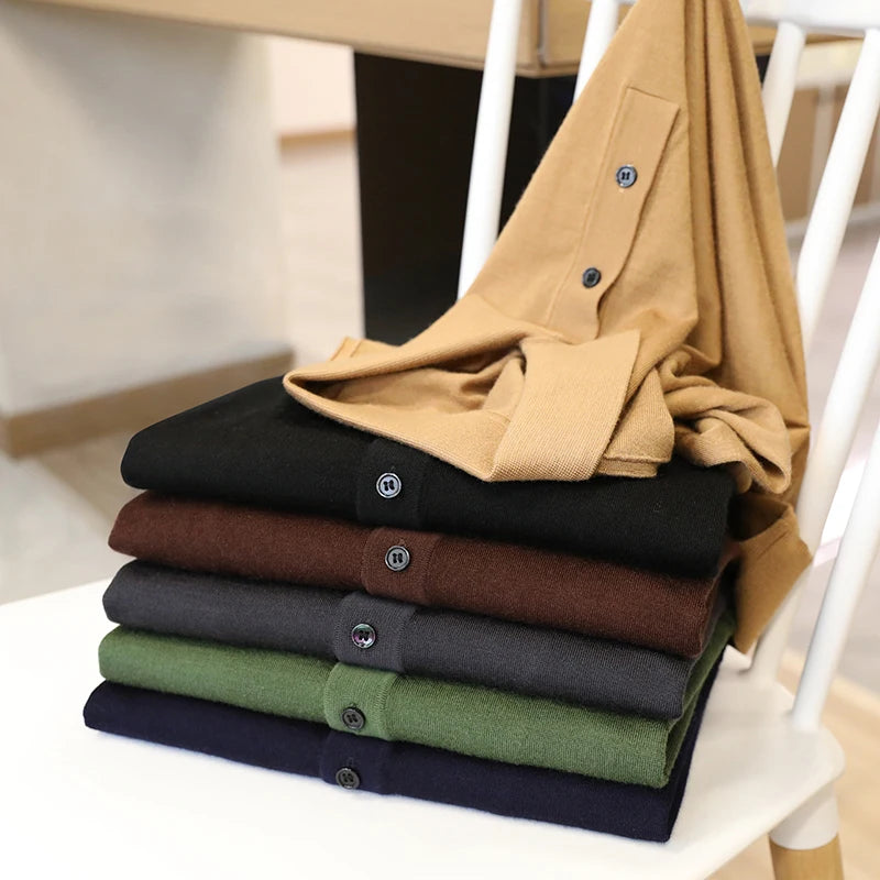 Spring Fashion Business Casual Wool Knitted Sweater Solid Color Long Sleeve POLO Shirt