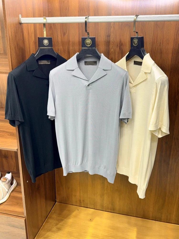 Cuban collar design, mulberry silk cotton blend, classic lapel business casual short-sleeved polo shirt
