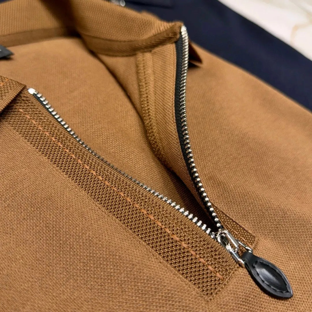 LP old money style light luxury summer cotton mixed linen lapel half zipper short sleeved minimalist business casual polo shirt