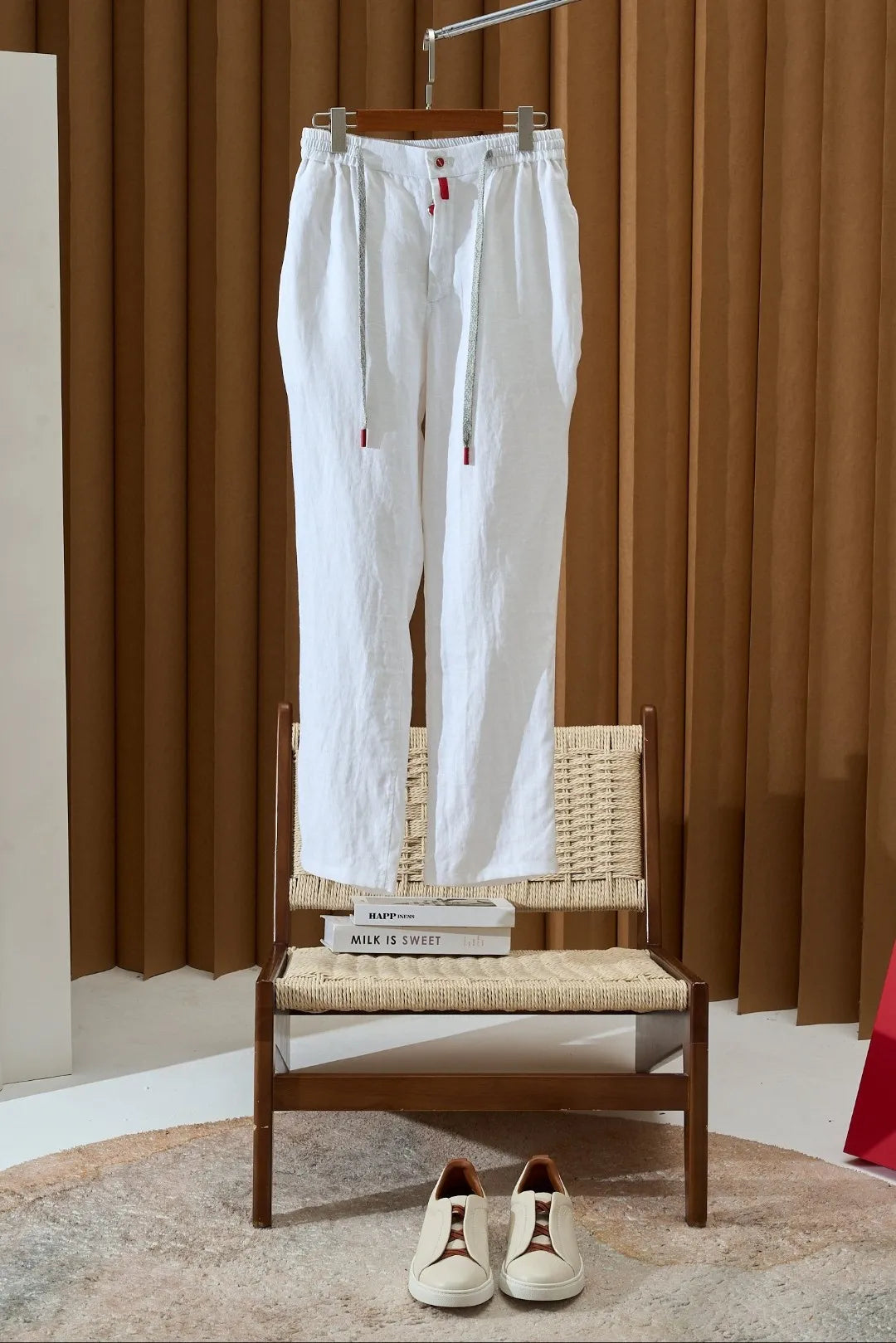 Italian Kiton vintage style summer linen elastic waist straight leg casual pants