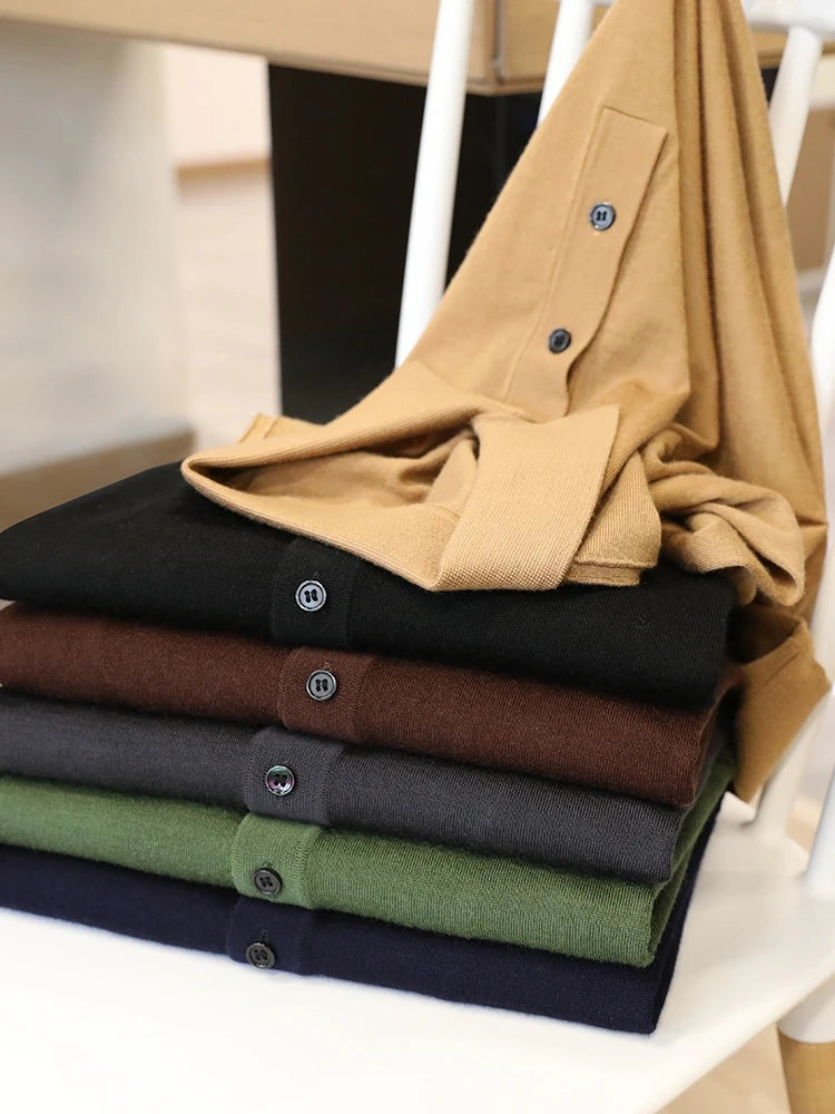Spring Fashion Business Casual Wool Knitted Sweater Solid Color Long Sleeve POLO Shirt