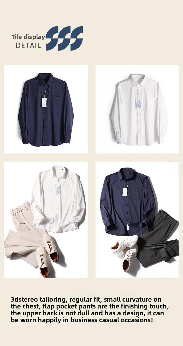Italian luxury, spring new men's light business drape anti-wrinkle elastic long-sleeved shirt bottoming top