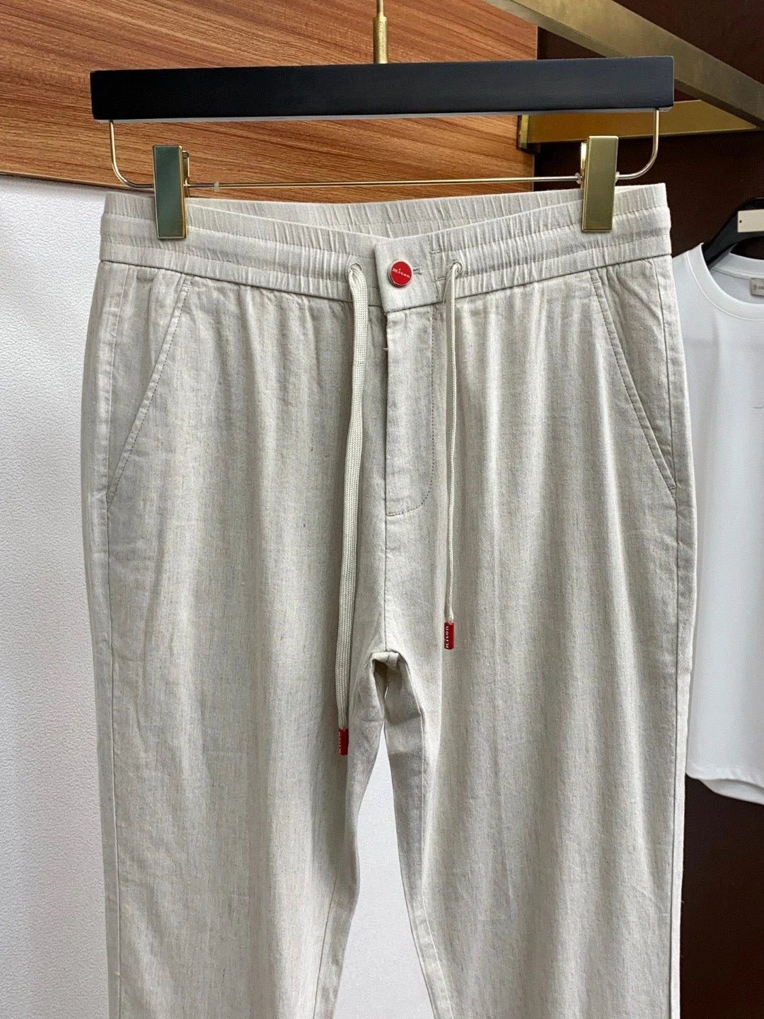 Italian Kiton cotton and linen light elastic waist tether straight casual pants