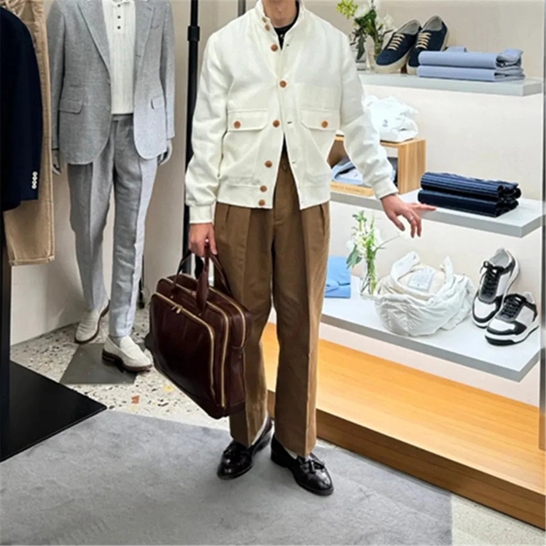 BC old money style, Lyocell wool, classic multi-pocket business casual stand-up collar jacket
