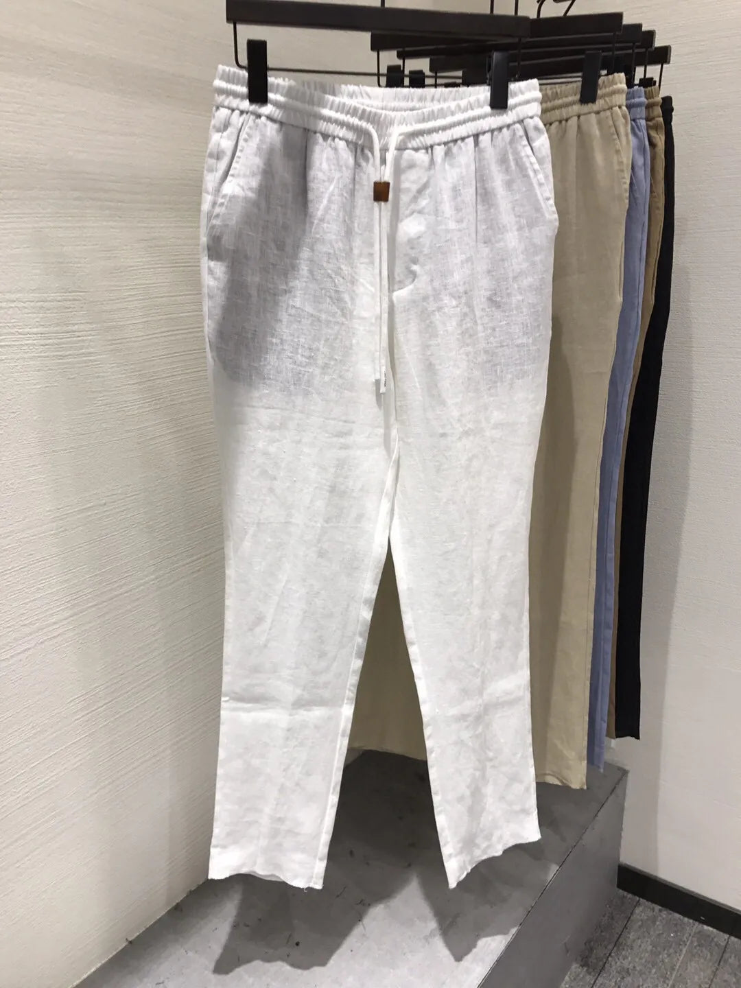 LP old money style light luxury summer pure linen elastic waist tied rope small straight leg casual pants