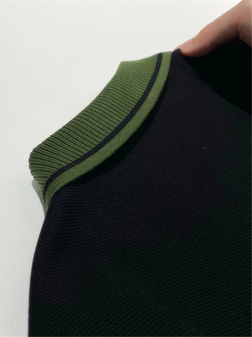 Contrast Color Design Business Casual 100% Cotton High Texture Lapel Short Sleeve T-Shirt Polo Shirt