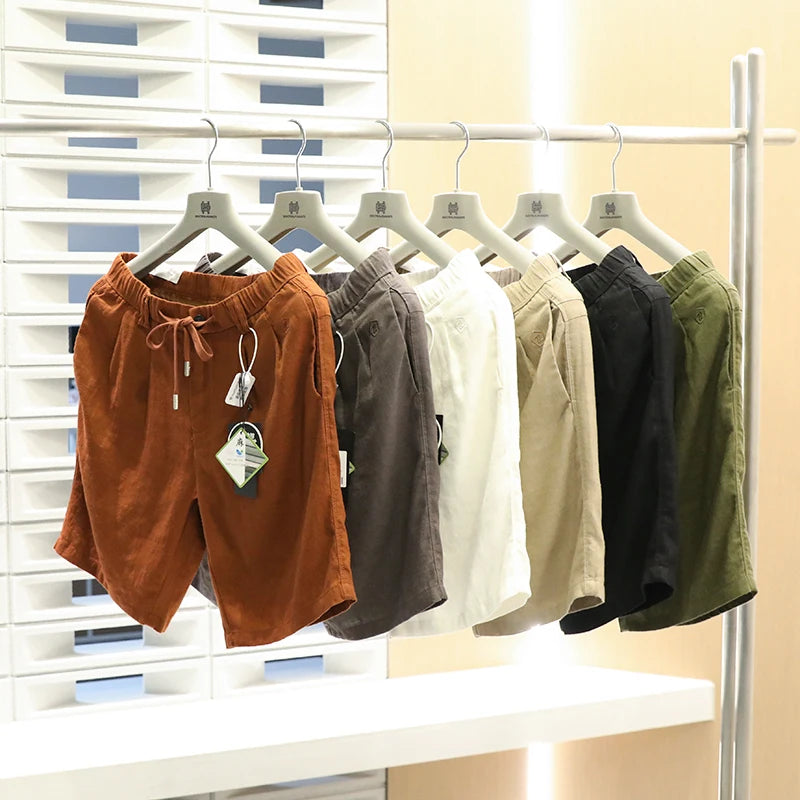 Linen shorts men's summer thin cool middle pants straight loose solid color Japanese retro casual five-point pants