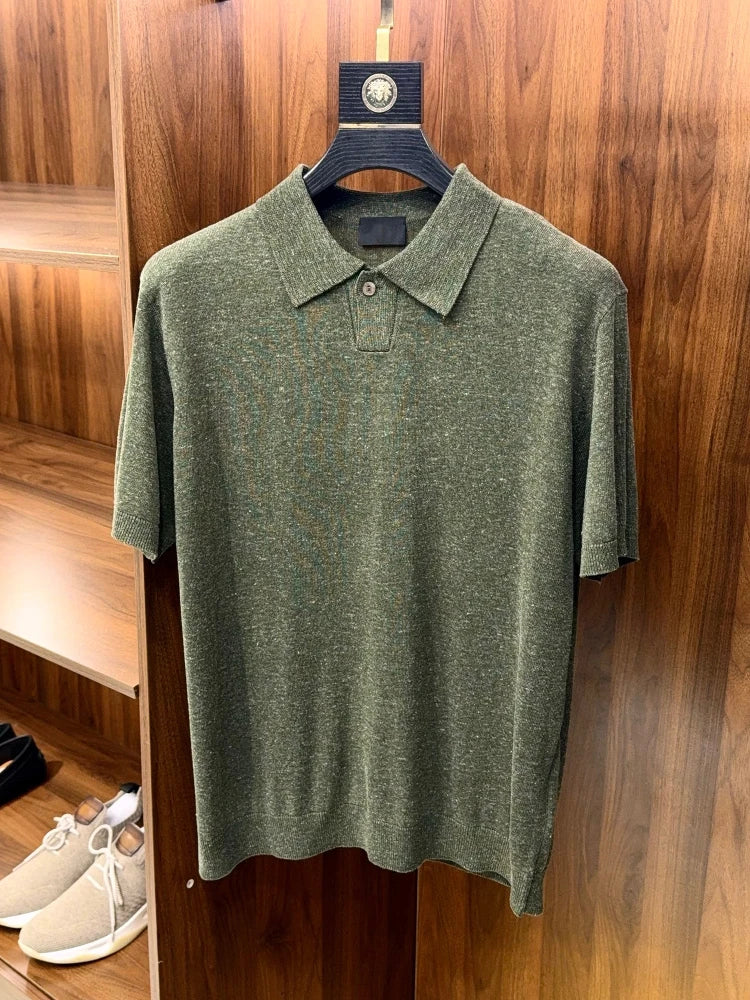 High Quality, Linen Blend, Elegant Business Commuter Stretch Knitted Sweater Lapel Short Sleeve T-Shirt Polo Shirt