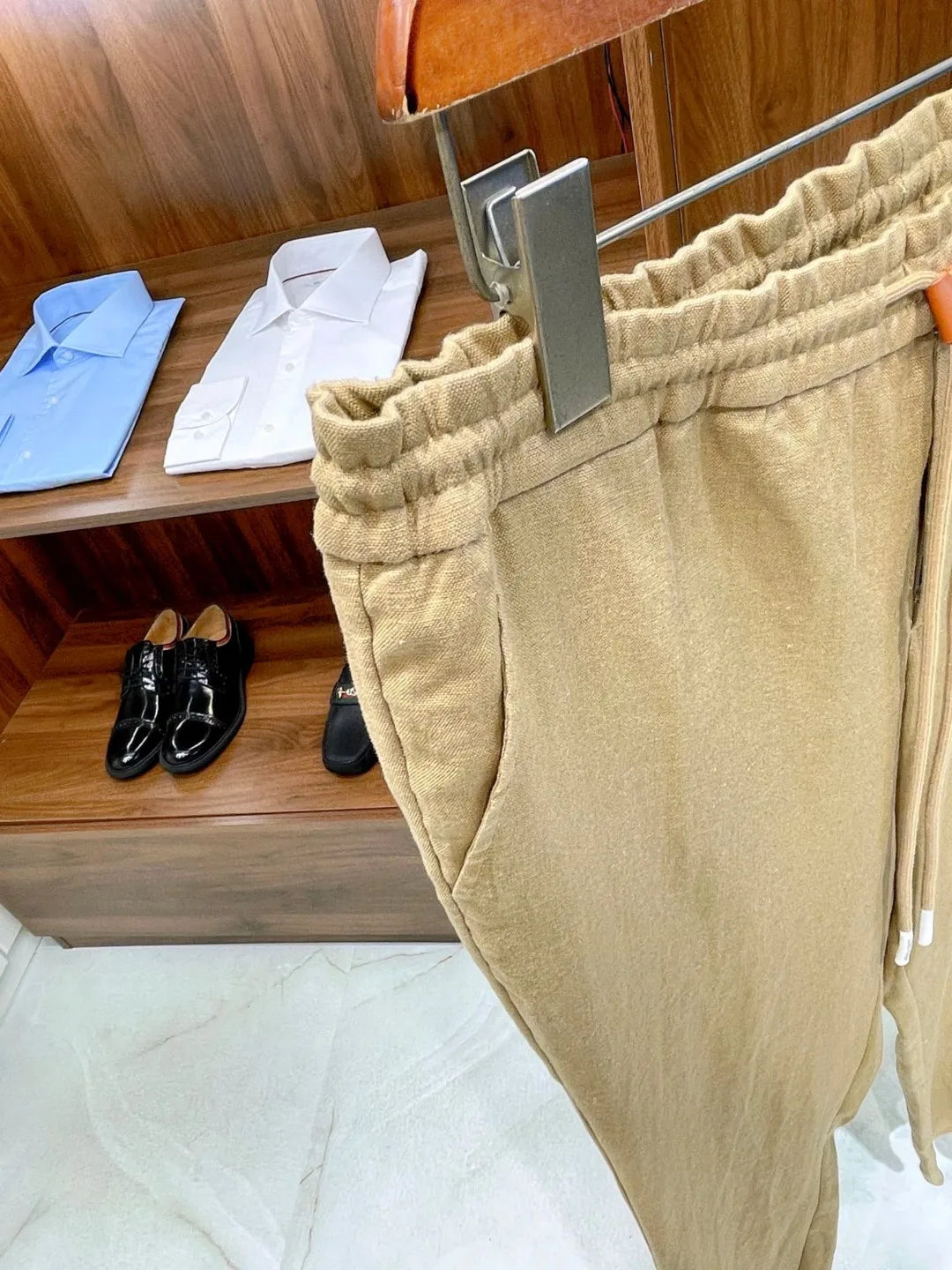 Italian style vintage style summer high version pure linen elastic waist tied rope small straight leg casual pants
