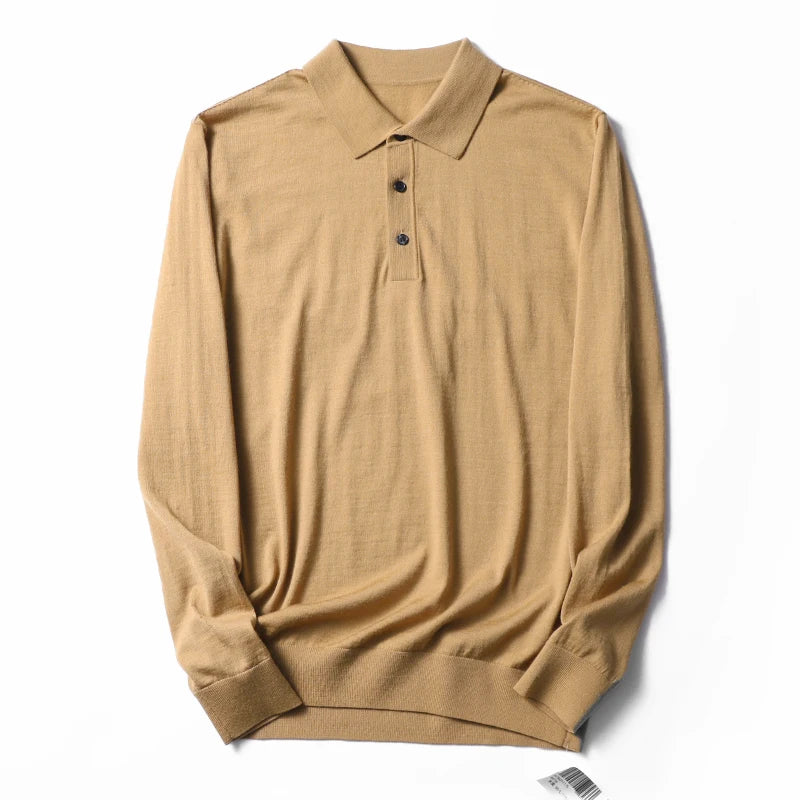 Spring Fashion Business Casual Wool Knitted Sweater Solid Color Long Sleeve POLO Shirt