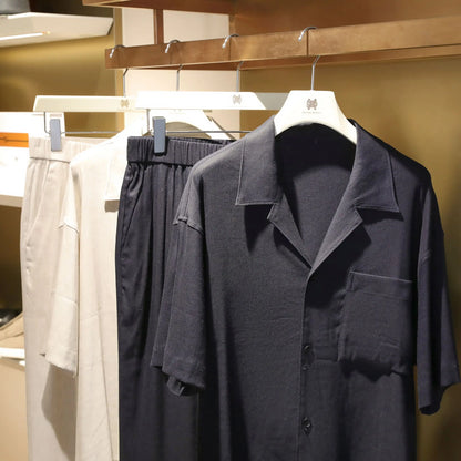 2025 summer new men's high-end old money style linen short-sleeved shirt set lazy style two-piece set