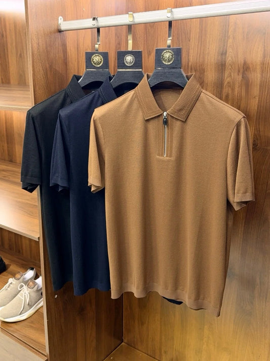 LP old money style light luxury summer cotton mixed linen lapel half zipper short sleeved minimalist business casual polo shirt