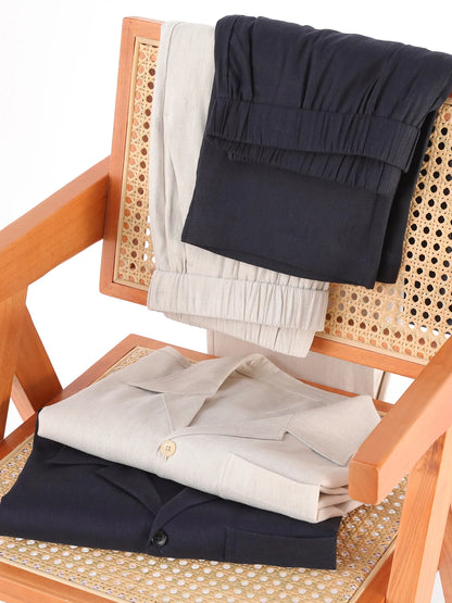 2025 summer new men's high-end old money style linen short-sleeved shirt set lazy style two-piece set