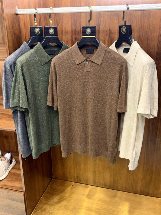 High Quality, Linen Blend, Elegant Business Commuter Stretch Knitted Sweater Lapel Short Sleeve T-Shirt Polo Shirt